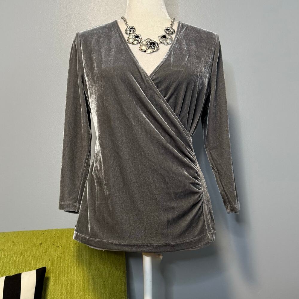 Soft Surroundings Alyssa Shoreline Grey Velvet Knit Faux Wrap Top